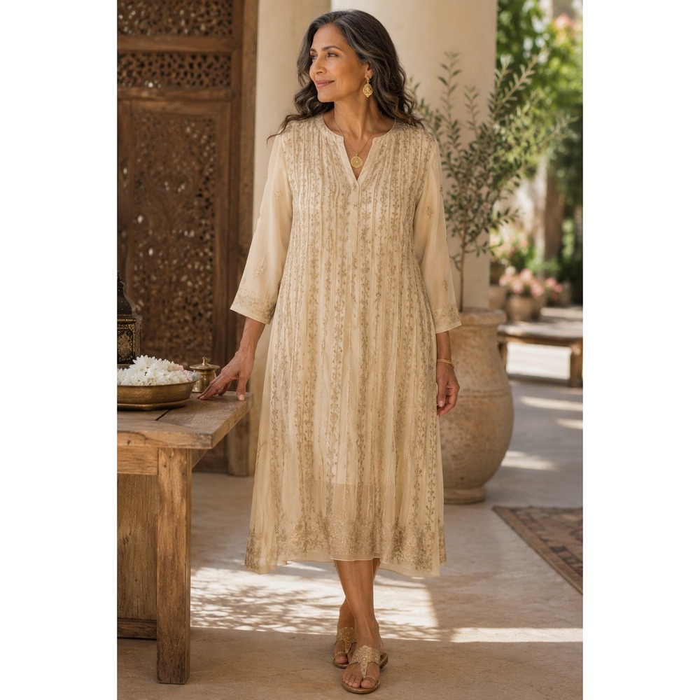 Beige Embroidered Kurta Tunic Long Sleeve Floral Pintuck Dress Size Medium